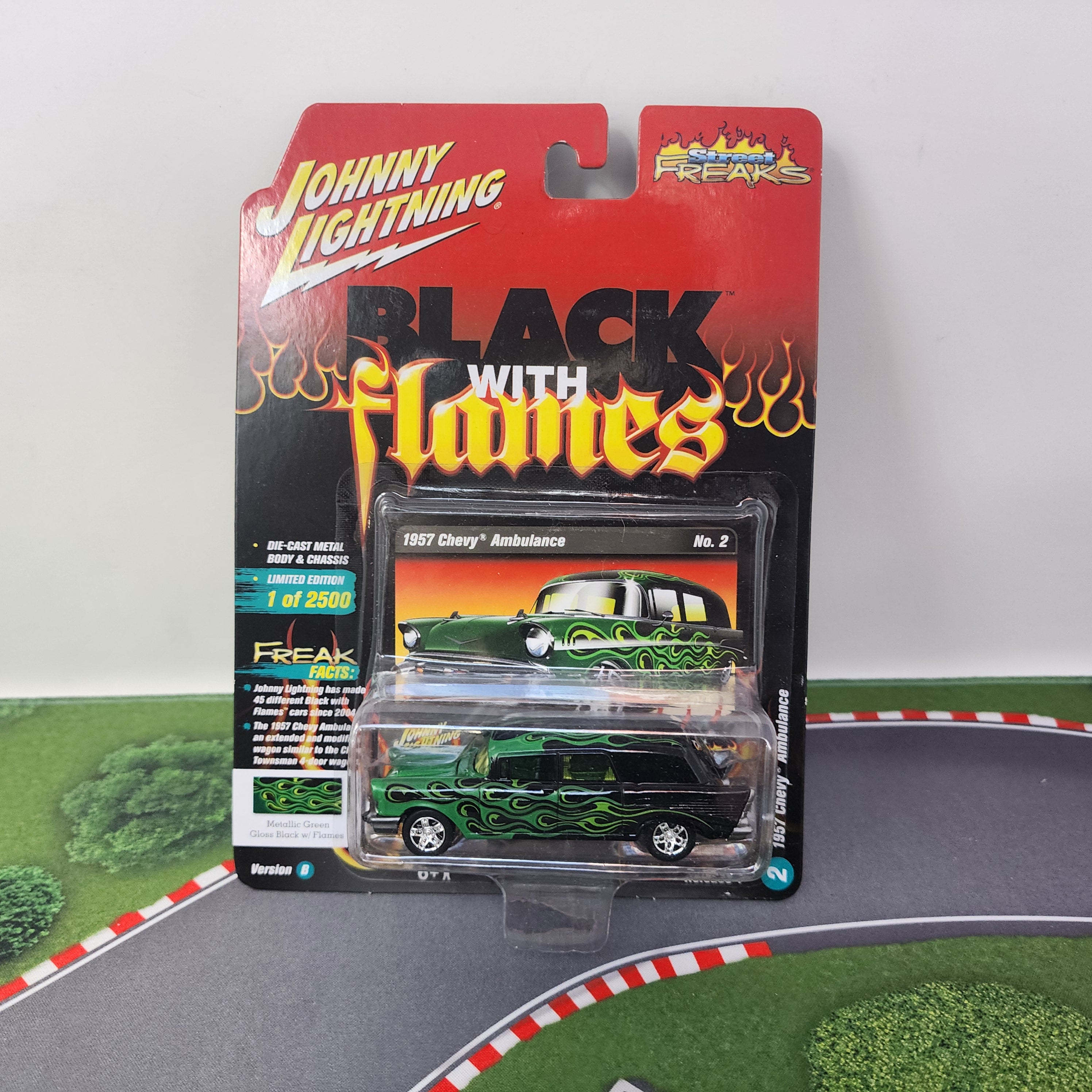 1957 Chevy Ambulance Black with Flames * Johnny Lightning Street