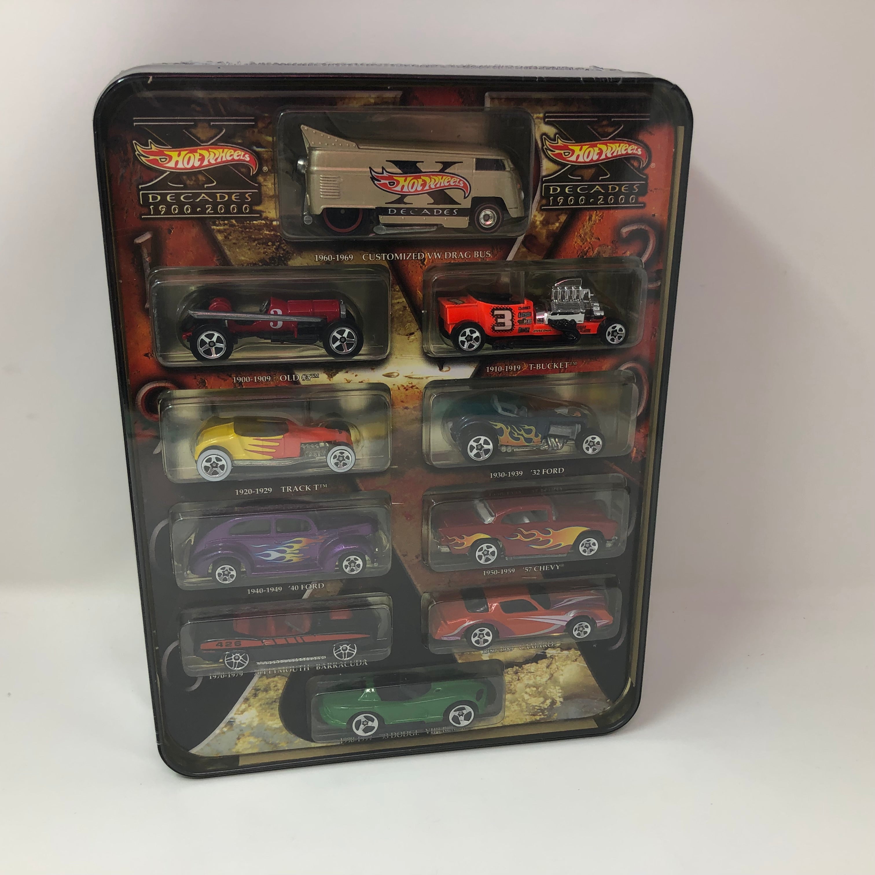 Hot Wheels Decades Collectors Tin of Ten Custom Vehicles From good the 1900s to 2000s