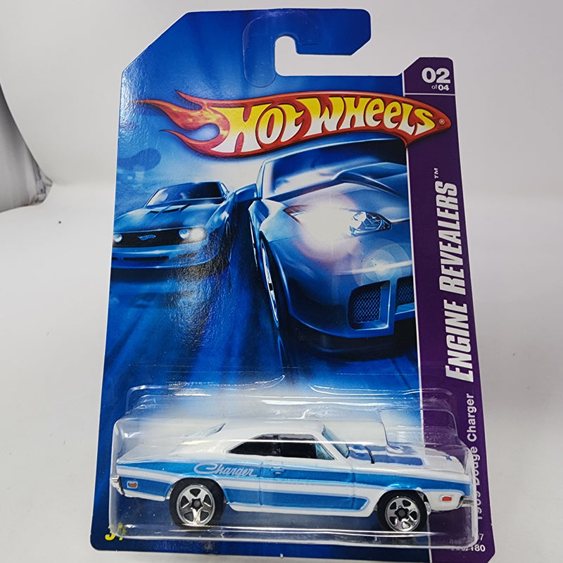 1969 Dodge Charger w/ Opening Hood * White/Blue * Hot Wheels 2007