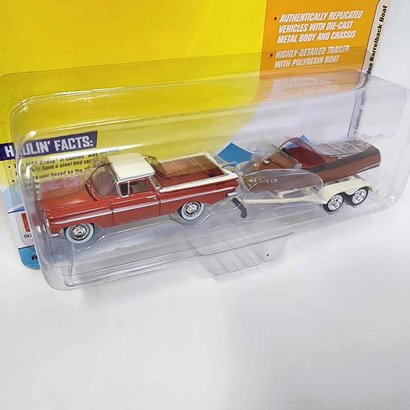 1959 Chevy El Camino w/ Wooden Barrelback Boat * Johnny Lightning Hulls & Haulers