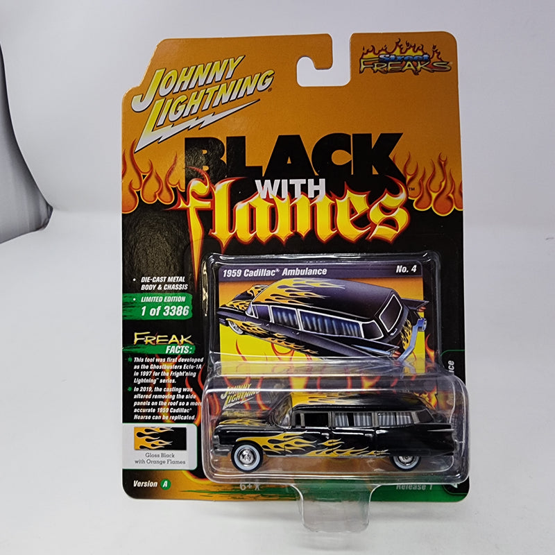 1959 Cadillac Ambulance * Johnny Lightning Black Flames