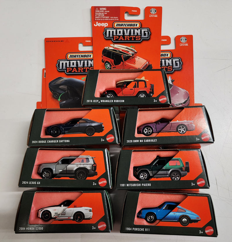 7 Car Set From Case J * 2026 Matchbox Moving Parts Charger., Porsche, BMW, S2000