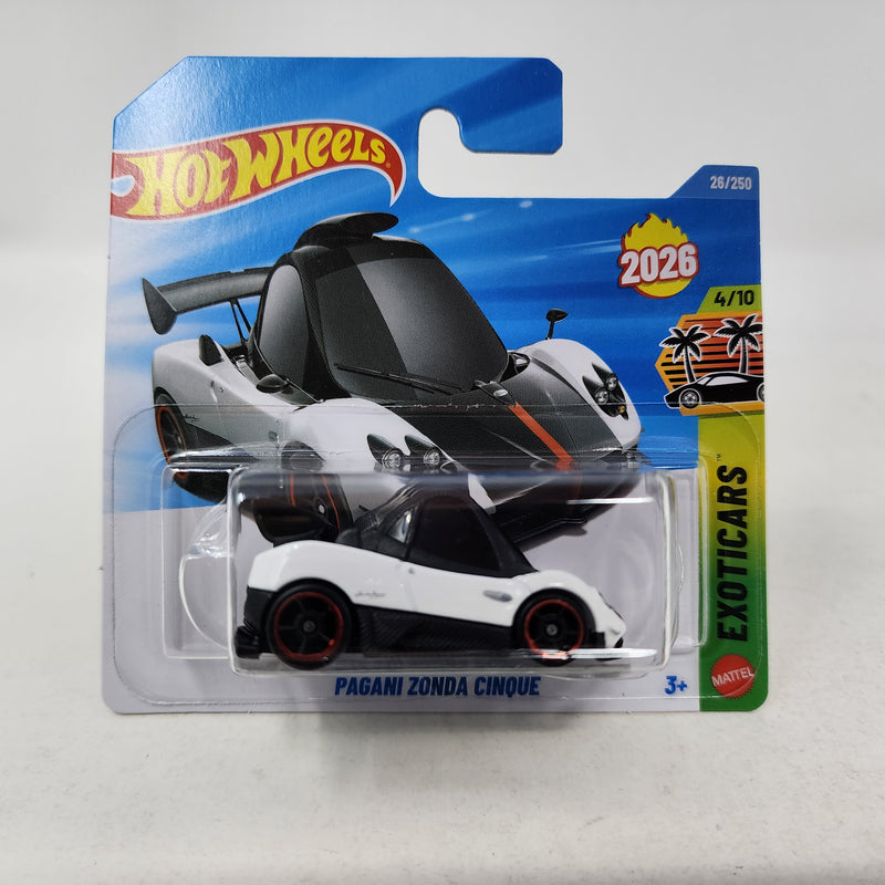SHORT CARD * Pagani Zonda Cinque #26 * White * 2026 Hot Wheels