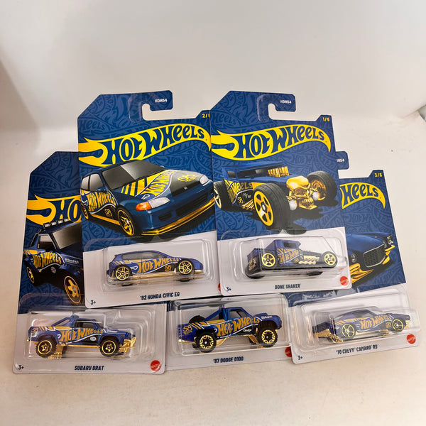 5 Car Basic Set * 2025 Hot Wheels 58th Anniversary Blue & Gold Case J
