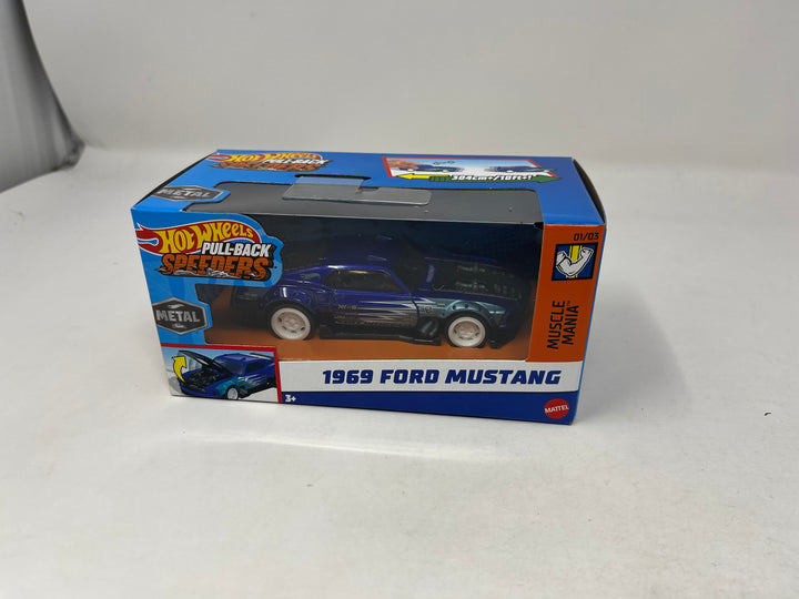 1969 Ford Mustang * BLUE * 2024 Hot Wheels Pull-Back Speeders 1:43