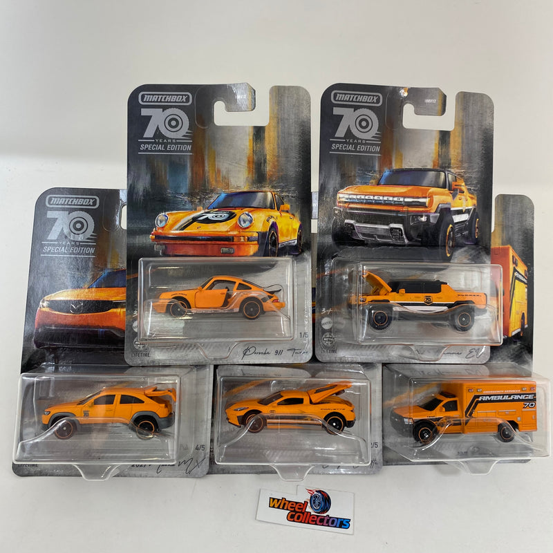 Complete 5 Car Set * 70th Anniversary Edition ORANGE * 2023 Matchbox Moving Parts